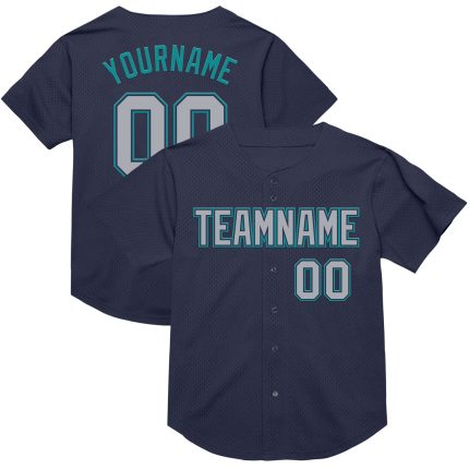Personalized Throwback Baseball Jersey in Navy Gray Teal Mesh - Custom Sports Apparel Personalized Navy Gray-Teal Mesh Authentic