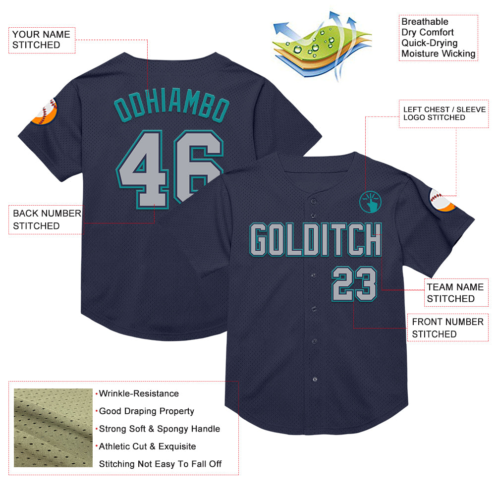Personalized Navy Gray-Teal Mesh Authentic Throwback Baseball Jersey Personalized Throwback Baseball Jersey in Navy Gray Teal Mesh - Custom Sports Apparel Personalized Navy Gray-Teal Mesh Authentic - Image 3