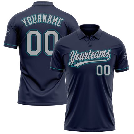 Personalized Custom Golf Polo Shirt Navy Gray Teal with Team Name Number - Performance Vapor Design Personalized Navy Gray-Teal