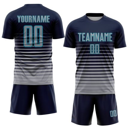 Custom Soccer Uniform Jersey with Personalized Name and Number - Navy Gray Teal Pinstripe Fade Design Personalized Navy Gray-Teal