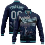 Personalized Seattle Washington City Edition 3D Bomber Varsity Jacket in Navy Gray-Teal | Custom Name & Number Personalized