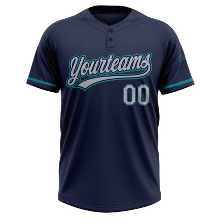 Personalized Navy Gray Teal Unisex Softball Jersey - Two-Button Design for Comfortable Play Personalized Navy Gray-Teal Two-Button