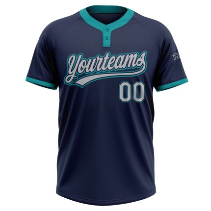 Custom Name and Number Navy Gray-Teal Two-Button Unisex Softball Jersey - Personalized Team Apparel Personalized Navy Gray-Teal