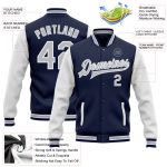 Custom Name and Number Varsity Letterman Jacket Navy Gray White Bomber Full-Snap Two Tone Design Personalized Navy Gray-White