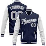 Custom Name and Number Varsity Letterman Jacket Navy Gray White Bomber Full-Snap Two Tone Design Personalized Navy Gray-White