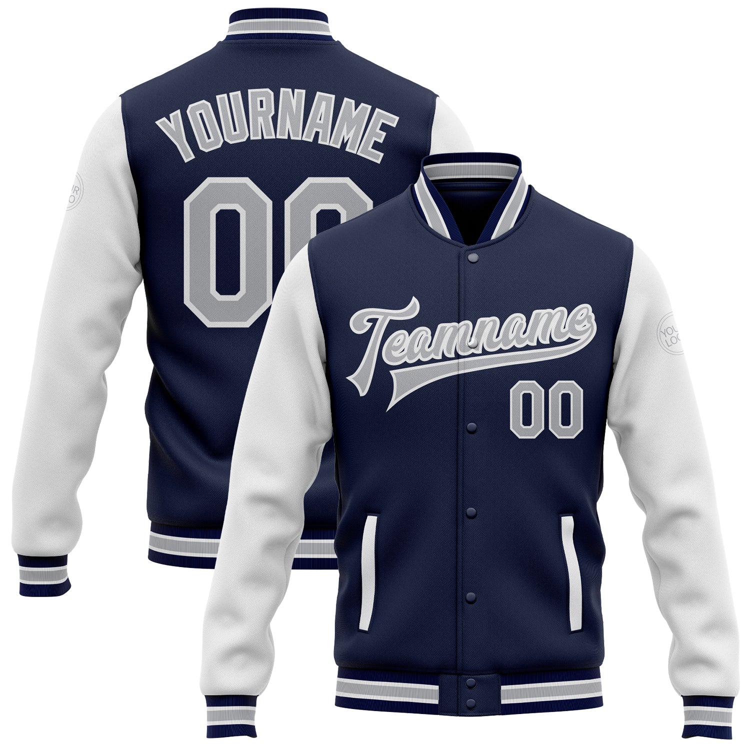 Custom Name and Number Varsity Letterman Jacket Navy Gray White Bomber Full-Snap Two Tone Design Personalized Navy Gray-White