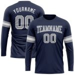 Custom Navy Gray-White Long Sleeve Performance T-Shirt with Name and Number - Salute To Service Design Personalized Navy