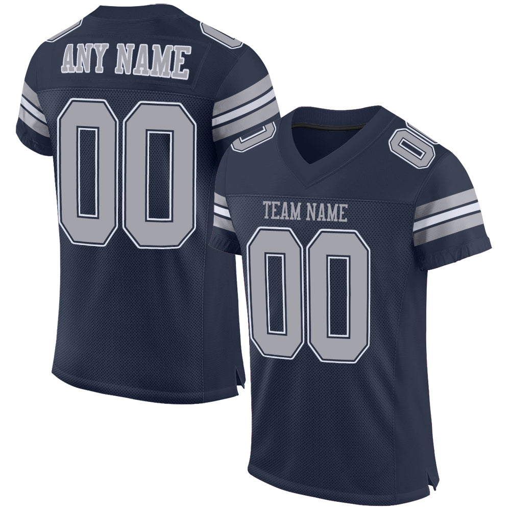 Custom Personalized Football Jersey with Team Name and Number - Navy Gray-White Mesh Personalized Navy Gray-White Mesh Authentic