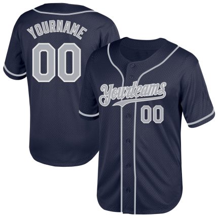 Custom Name and Number Personalized Authentic Baseball Jersey - Navy Gray-White Mesh Throwback Style Personalized Navy Gray-White