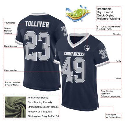 Custom Name and Number Authentic Throwback Football Jersey, Personalized Navy Gray-White Mesh Team Apparel Personalized Navy