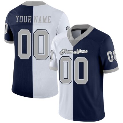 Custom Name and Number Personalized Football Jersey - Navy Gray-White Mesh Split Fashion Team Apparel Personalized Navy Gray-White