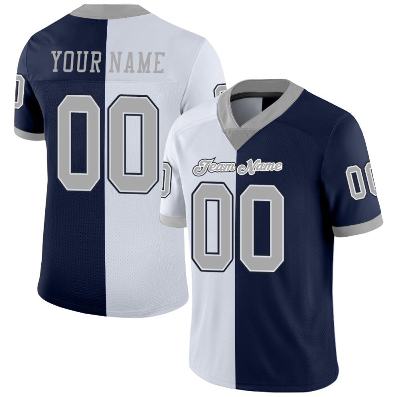 Custom Name and Number Personalized Football Jersey - Navy Gray-White Mesh Split Fashion Team Apparel Personalized Navy Gray-White