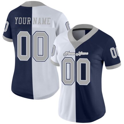 Custom Name and Number Personalized Football Jersey - Navy Gray-White Mesh Split Fashion Team Apparel Personalized Navy Gray-White