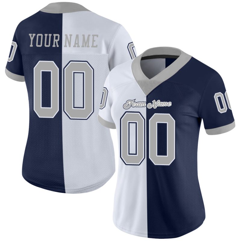 Custom Name and Number Personalized Football Jersey - Navy Gray-White Mesh Split Fashion Team Apparel Personalized Navy Gray-White
