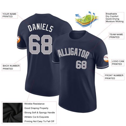 Custom Team Name and Number Performance T-Shirt in Navy, Gray, and White - Personalized Athletic Tee Personalized Navy Gray-White