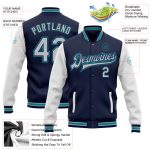 Custom Navy Gray White Teal Varsity Letterman Jacket with Name and Number - Personalized Full-Snap Bomber Style Personalized