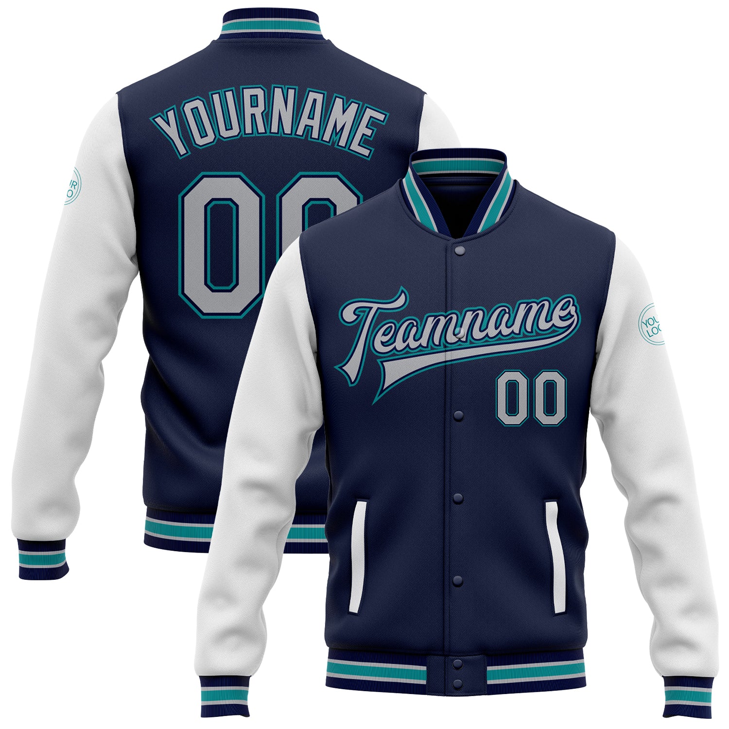 Custom Navy Gray White Teal Varsity Letterman Jacket with Name and Number - Personalized Full-Snap Bomber Style Personalized