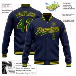 Custom Name Number Navy Green Gold Bomber Varsity Letterman Jacket Full-Snap Personalized Navy Green-Gold Bomber Full-Snap