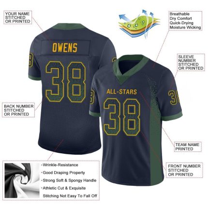 Custom Name Team Football Jersey in Navy Green-Gold Mesh - Personalized Drift Style with Custom Number Personalized Navy