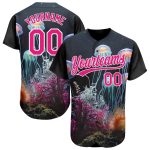 Custom Name and Number Underwater Life Jellyfish Baseball Jersey - Personalized Navy Hot Pink-White 3D Pattern Design Personalized