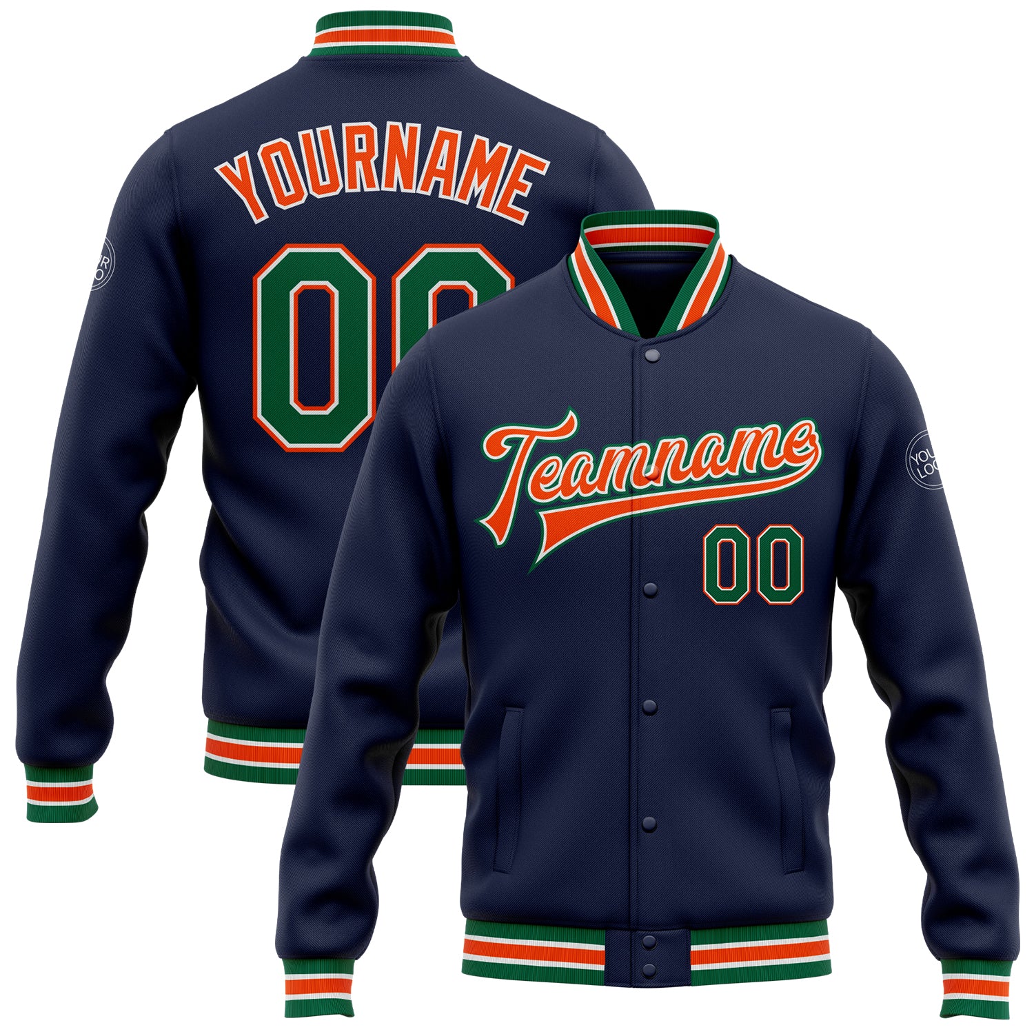 Custom Name and Number Varsity Letterman Jacket - Navy Kelly Green-Orange Full-Snap Bomber Personalized Navy Kelly Green-Orange