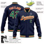 Custom Name and Number Varsity Letterman Jacket - Navy Kelly Green-Orange Full-Snap Bomber Personalized Navy Kelly Green-Orange