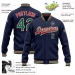 Custom Name and Number Navy Green Red Varsity Letterman Jacket | Personalized Full-Snap Bomber Style Personalized Navy Kelly