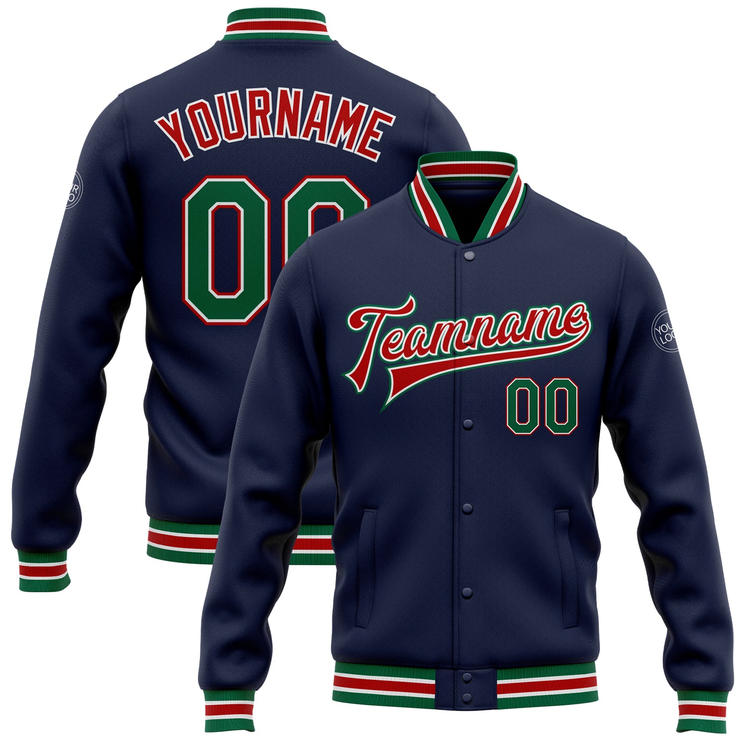 Custom Name and Number Navy Green Red Varsity Letterman Jacket | Personalized Full-Snap Bomber Style Personalized Navy Kelly