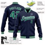 Custom Name Number Personalized Navy Green White Bomber Jacket Varsity Letterman Full-Snap Personalized Navy Kelly Green-White
