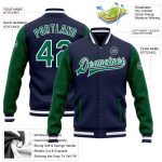 Custom Name Number Two Tone Bomber Varsity Letterman Jacket Navy Green White Full-Snap Personalized Navy Kelly Green-White