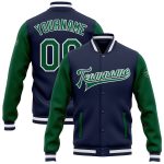 Custom Name Number Two Tone Bomber Varsity Letterman Jacket Navy Green White Full-Snap Personalized Navy Kelly Green-White