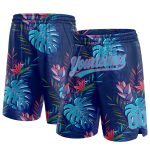 Custom Name and Number Basketball Shorts - Authentic Hawaii Palm Leaves 3D Pattern in Navy Lakes Blue-Pink Personalized Navy