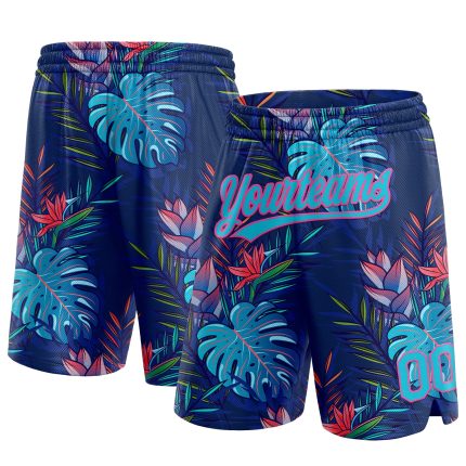 Custom Name and Number Basketball Shorts - Authentic Hawaii Palm Leaves 3D Pattern in Navy Lakes Blue-Pink Personalized Navy