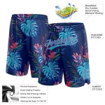 Custom Name and Number Basketball Shorts - Authentic Hawaii Palm Leaves 3D Pattern in Navy Lakes Blue-Pink Personalized Navy