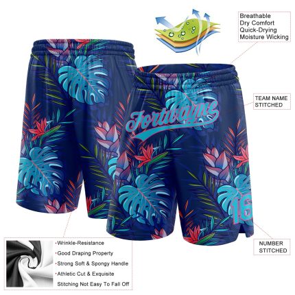 Custom Name and Number Basketball Shorts - Authentic Hawaii Palm Leaves 3D Pattern in Navy Lakes Blue-Pink Personalized Navy
