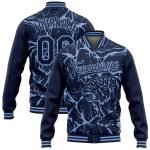 Personalized Abstract Tiger 3D Pattern Varsity Jacket with Custom Name & Number - Navy Light Blue Bomber Full-Snap Design