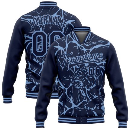 Personalized Abstract Tiger 3D Pattern Varsity Jacket with Custom Name & Number - Navy Light Blue Bomber Full-Snap Design