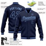 Custom Team Name Number Navy Blue Light Blue Bomber Varsity Jacket Personalized Full-Snap Letterman Jacket Personalized Navy