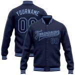 Custom Team Name Number Navy Blue Light Blue Bomber Varsity Jacket Personalized Full-Snap Letterman Jacket Personalized Navy