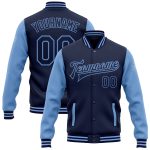 Custom Name and Number Personalized Bomber Jacket Light Blue Navy Two Tone Varsity Full-Snap Letterman Personalized Navy