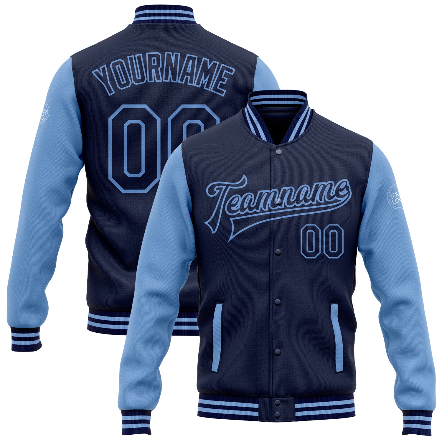 Custom Name and Number Personalized Bomber Jacket Light Blue Navy Two Tone Varsity Full-Snap Letterman Personalized Navy