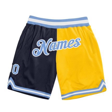 Custom Team Basketball Shorts - Personalized Light Blue Gold Split Design with Name & Number, Authentic Throwback Style Personalized