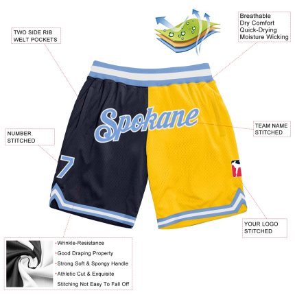 Custom Team Basketball Shorts - Personalized Light Blue Gold Split Design with Name & Number, Authentic Throwback Style Personalized