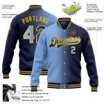 Custom Name Number Gradient Varsity Letterman Jacket - Personalized Navy Light Blue Gold Bomber Full-Snap Fashion Jacket