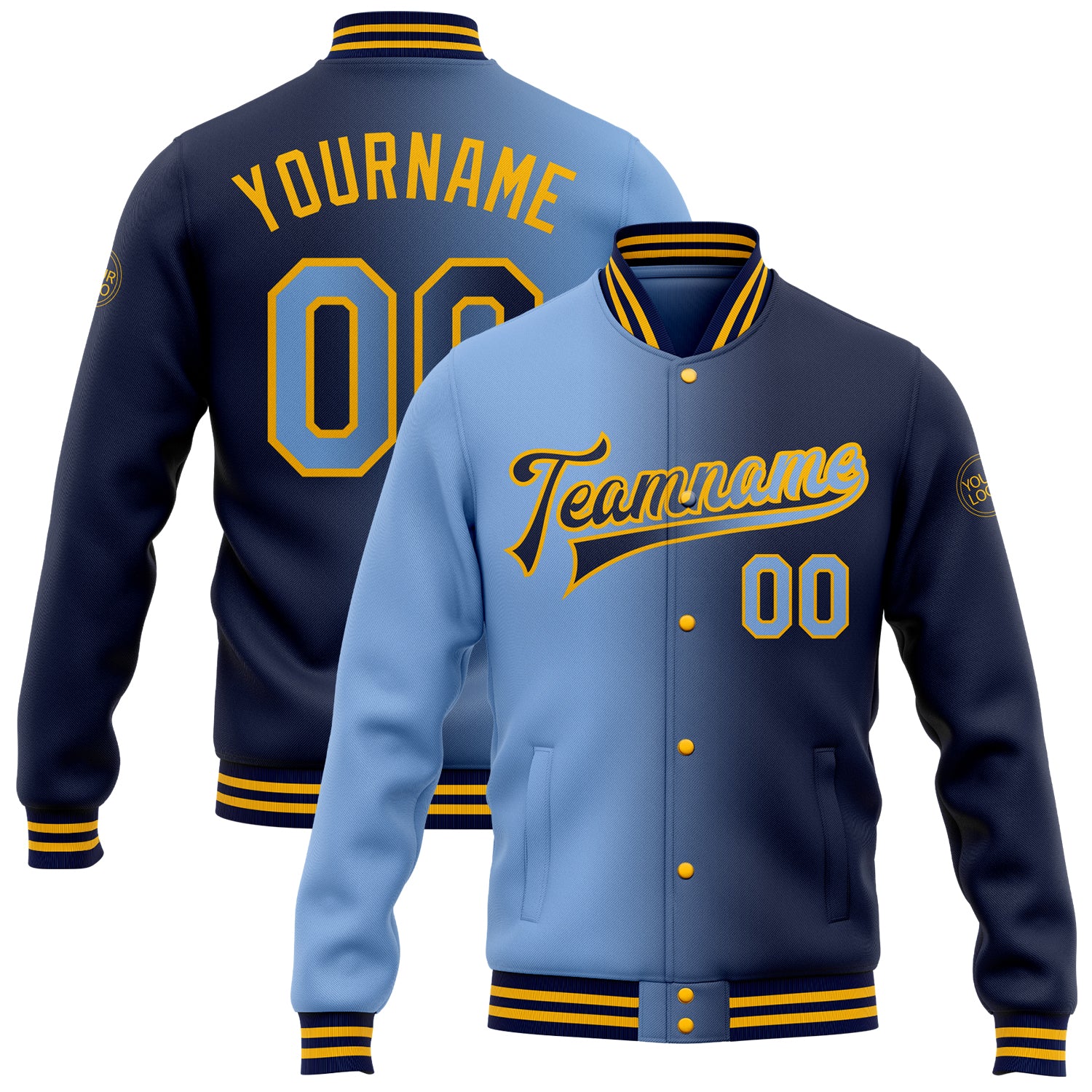 Custom Name Number Gradient Varsity Letterman Jacket - Personalized Navy Light Blue Gold Bomber Full-Snap Fashion Jacket