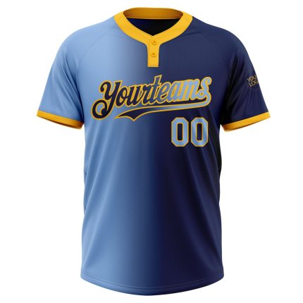 Custom Team Name and Number Unisex Softball Jersey - Personalized Navy Light Blue Gold Gradient Two-Button Design Personalized