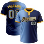 Custom Team Name and Number Unisex Softball Jersey - Personalized Navy Light Blue Gold Gradient Two-Button Design Personalized