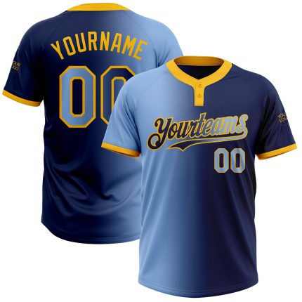 Custom Team Name and Number Unisex Softball Jersey - Personalized Navy Light Blue Gold Gradient Two-Button Design Personalized