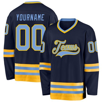 Custom Personalized Hockey Jersey - Navy Light Blue Gold, Team Name & Number Personalized Navy Light Blue-Gold Hockey Jersey