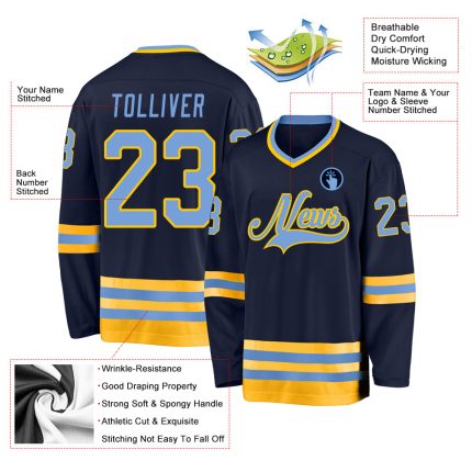 Custom Personalized Hockey Jersey - Navy Light Blue Gold, Team Name & Number Personalized Navy Light Blue-Gold Hockey Jersey